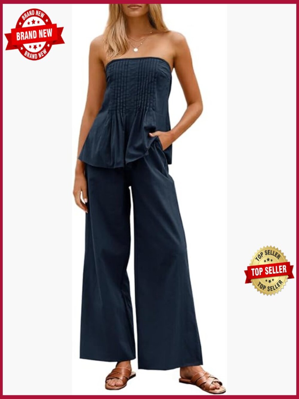 2 Piece Strapless Tube Top & Wide Leg Pants Matching Lounge Set Summer